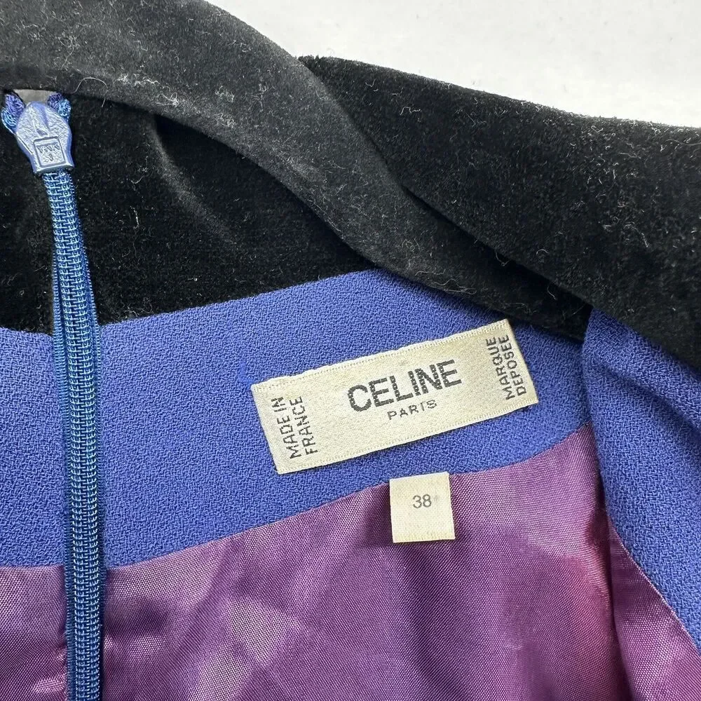 Vintage CELINE PARIS Wool Velvet Collar Cuffs Dress Purple Long Sleeves Sz 38 - Picture 9 of 16
